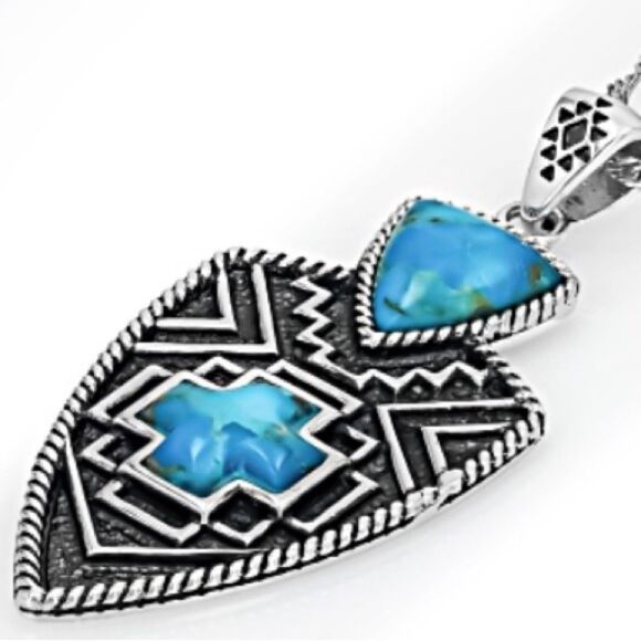 Turquoise Arrowhead Aztec Western Sterling Silver Enhancer Pendant With Chain - Picture 1 of 10